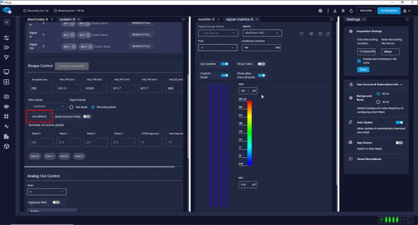 The CALIBRATE button in the SiNAPS control panel