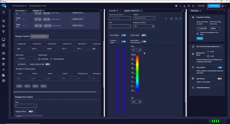 System and Signal Metrics side by side, with the SiNAPS control panel between them