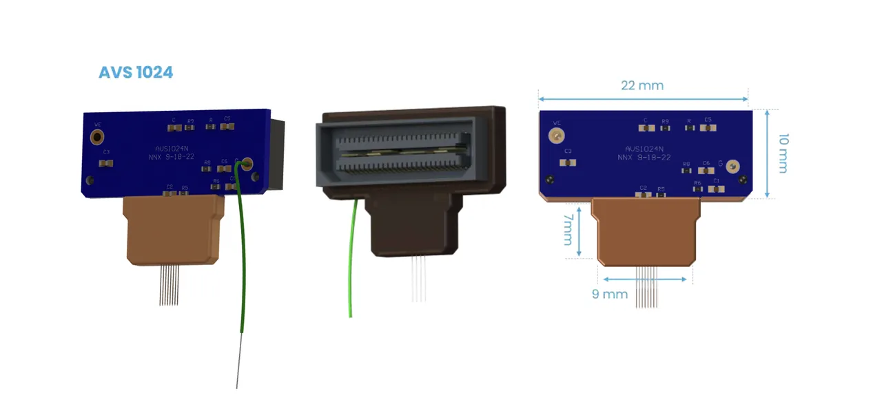 AVS1024 package: board face, connector view, and a dimensioned outline drawing