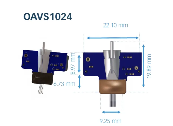OAVS1024 optogenetic package: board with the fiber ferrule, and a dimensioned outline drawing