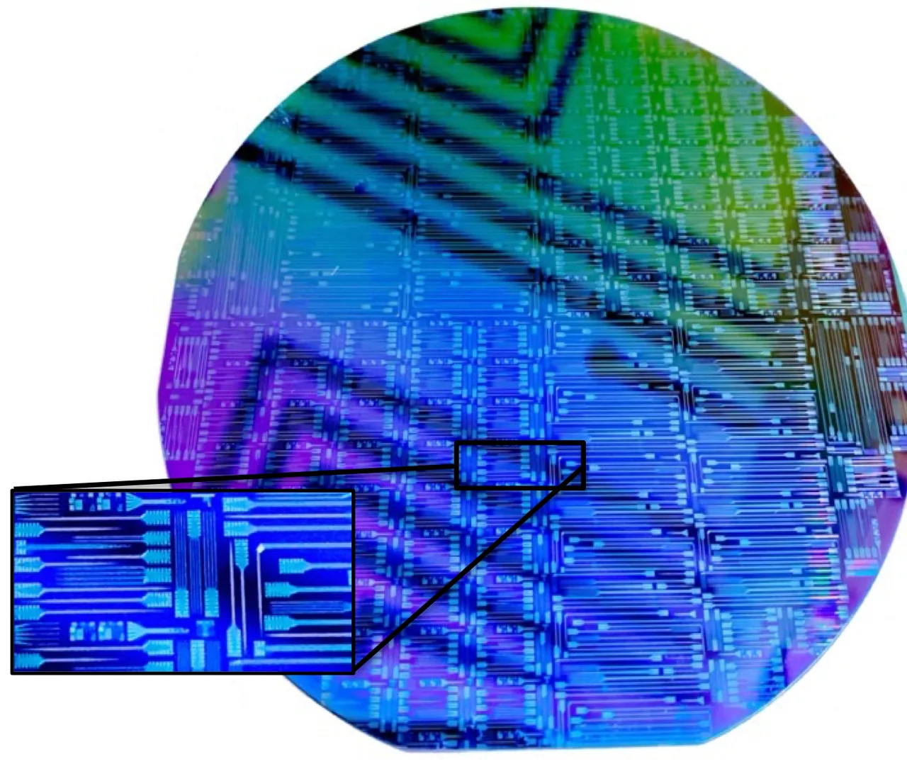 Full silicon wafer of microfabricated neural probes, with a magnified inset showing individual probe shanks and bond pads