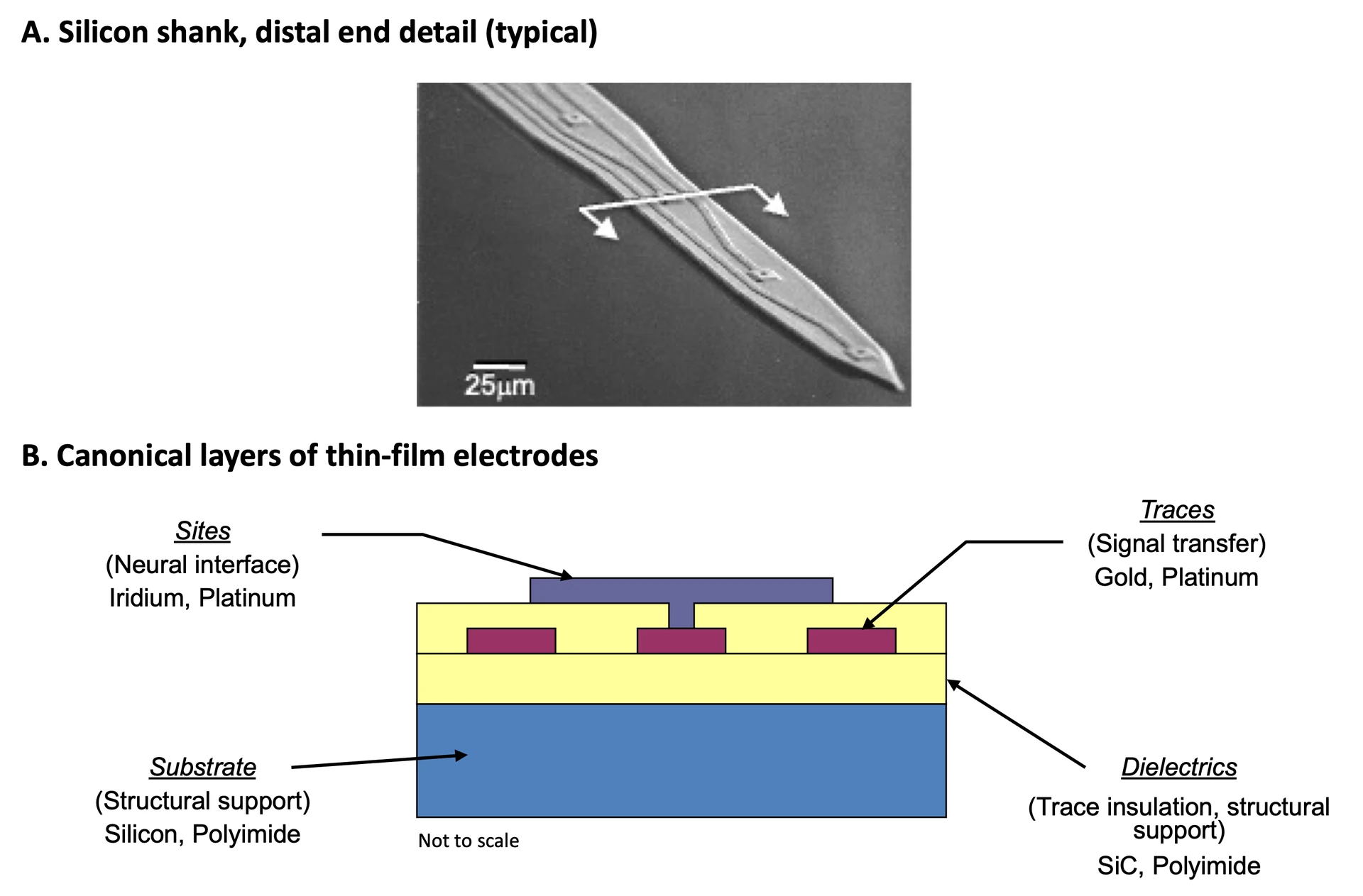 Scanning electron micrograph of a NeuroNexus silicon probe shank and the thin-film layer stack