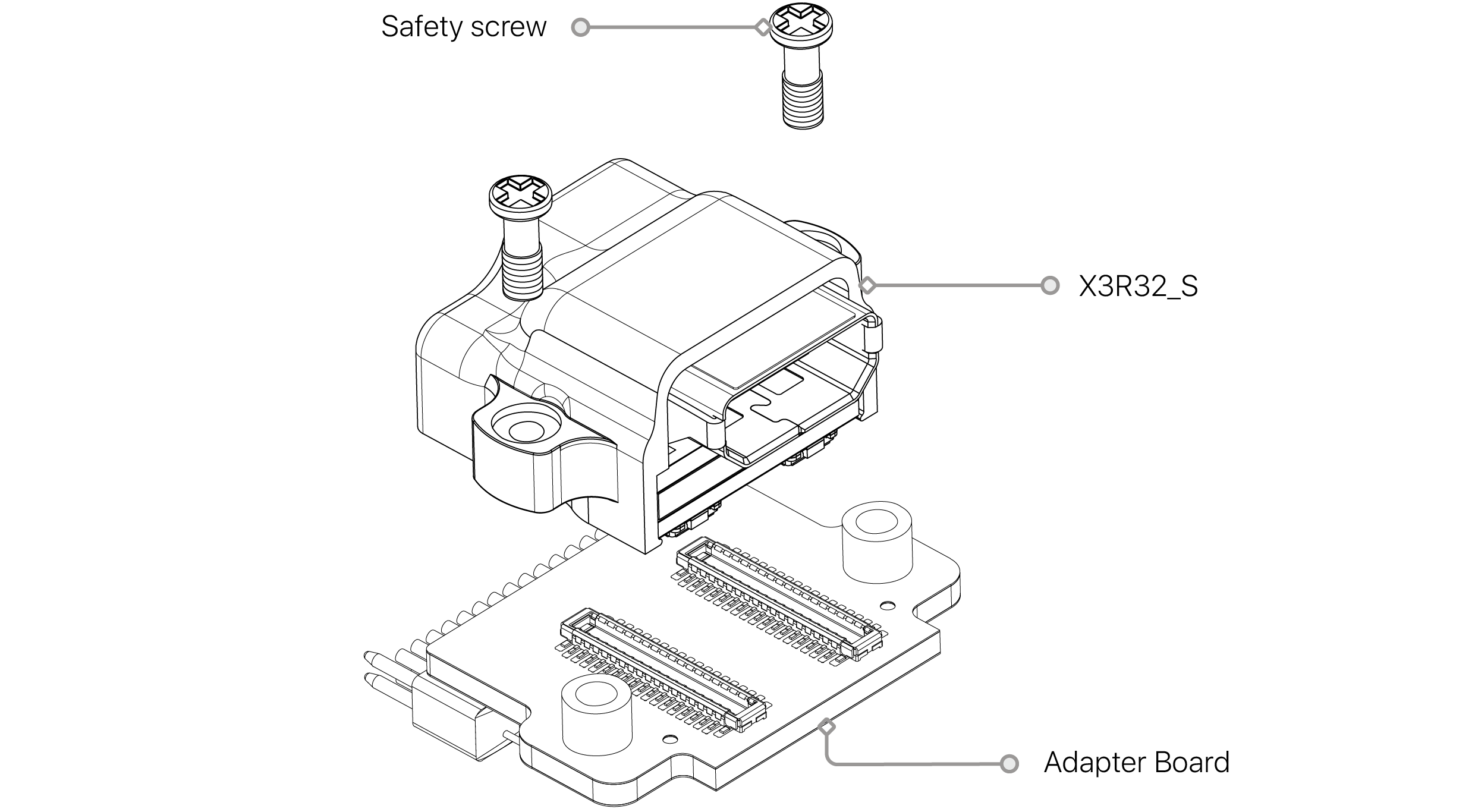 Exploded assembly drawing: the X3R32-HDMI headstage, its safety screw and the adapter board it mounts to