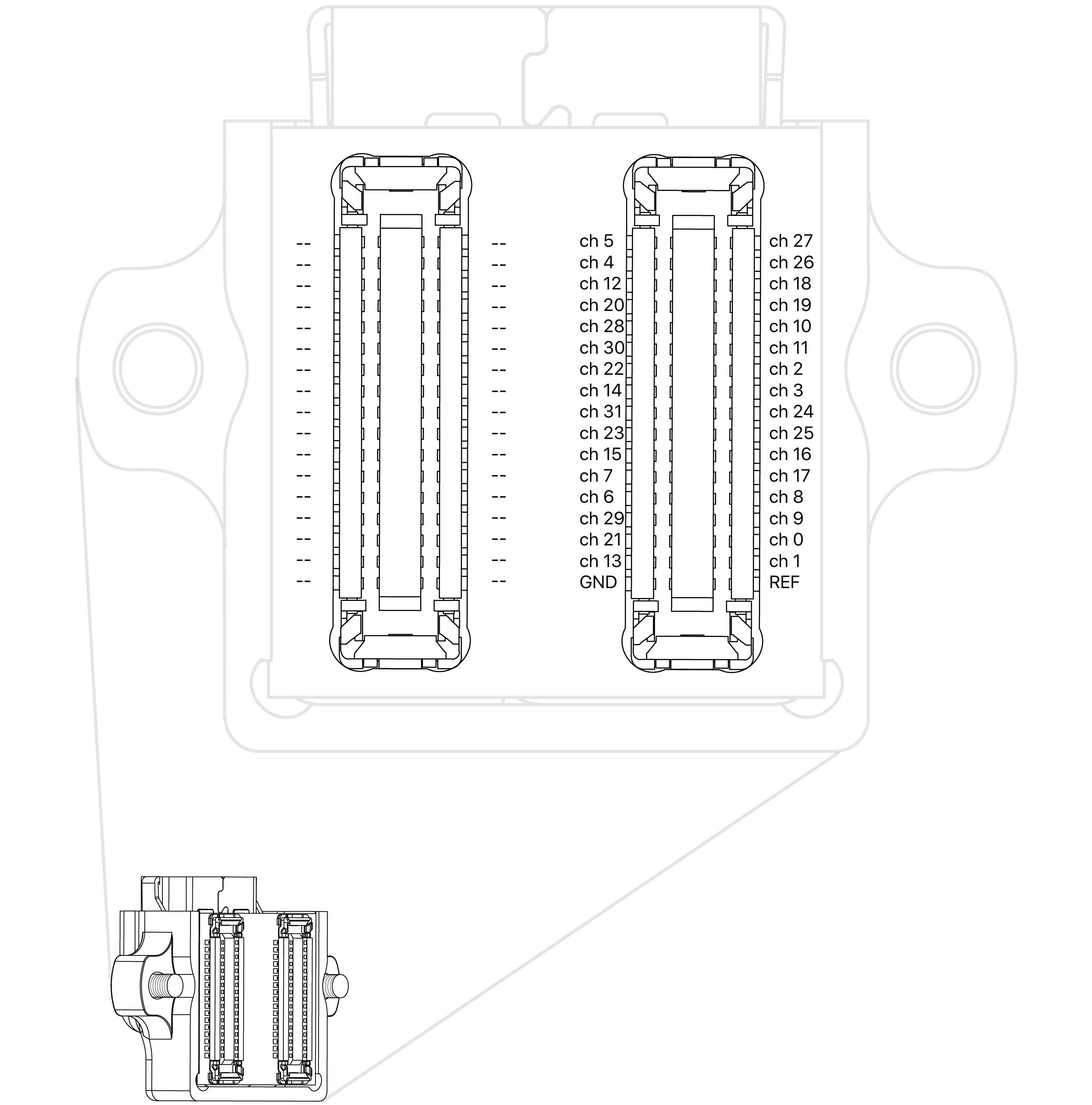 Probe-side pin map of the X3R32-HDMI: the connector rows with each recording channel, ground and reference position labelled