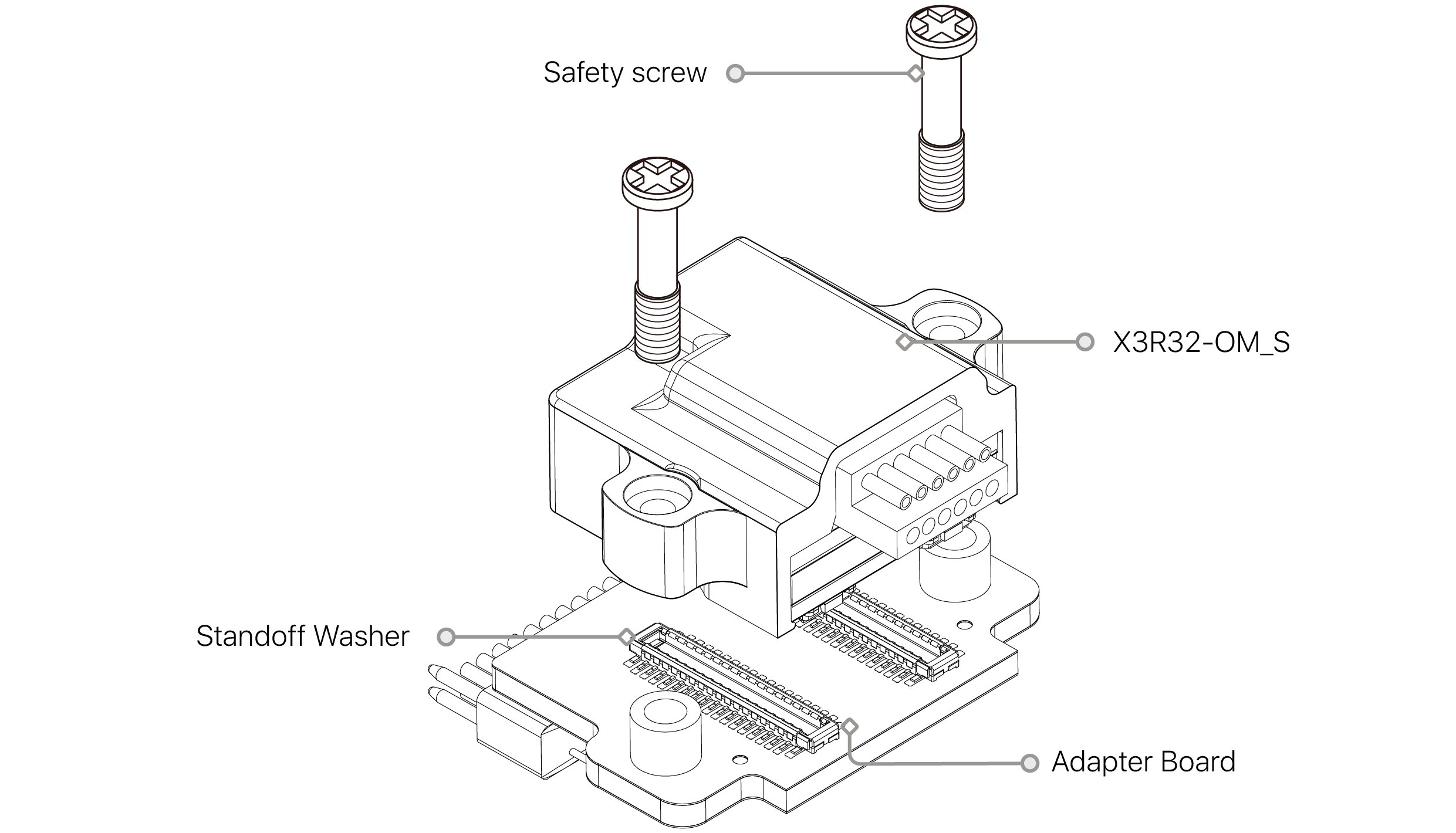 Exploded assembly drawing: the X3R32-OM headstage, its safety screw and the adapter board it mounts to