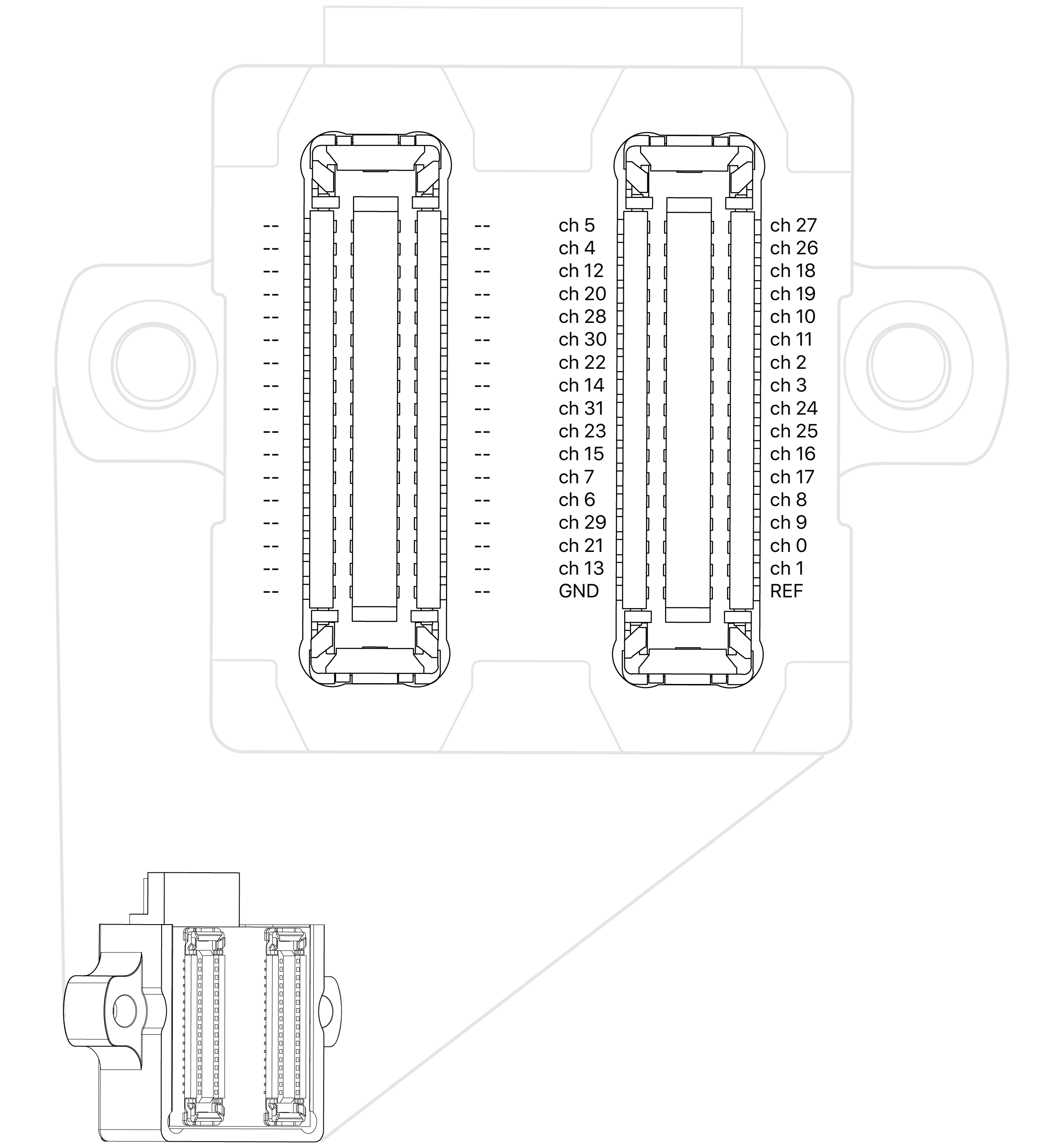 Probe-side pin map of the X3R32-OM: the connector rows with each recording channel, ground and reference position labelled