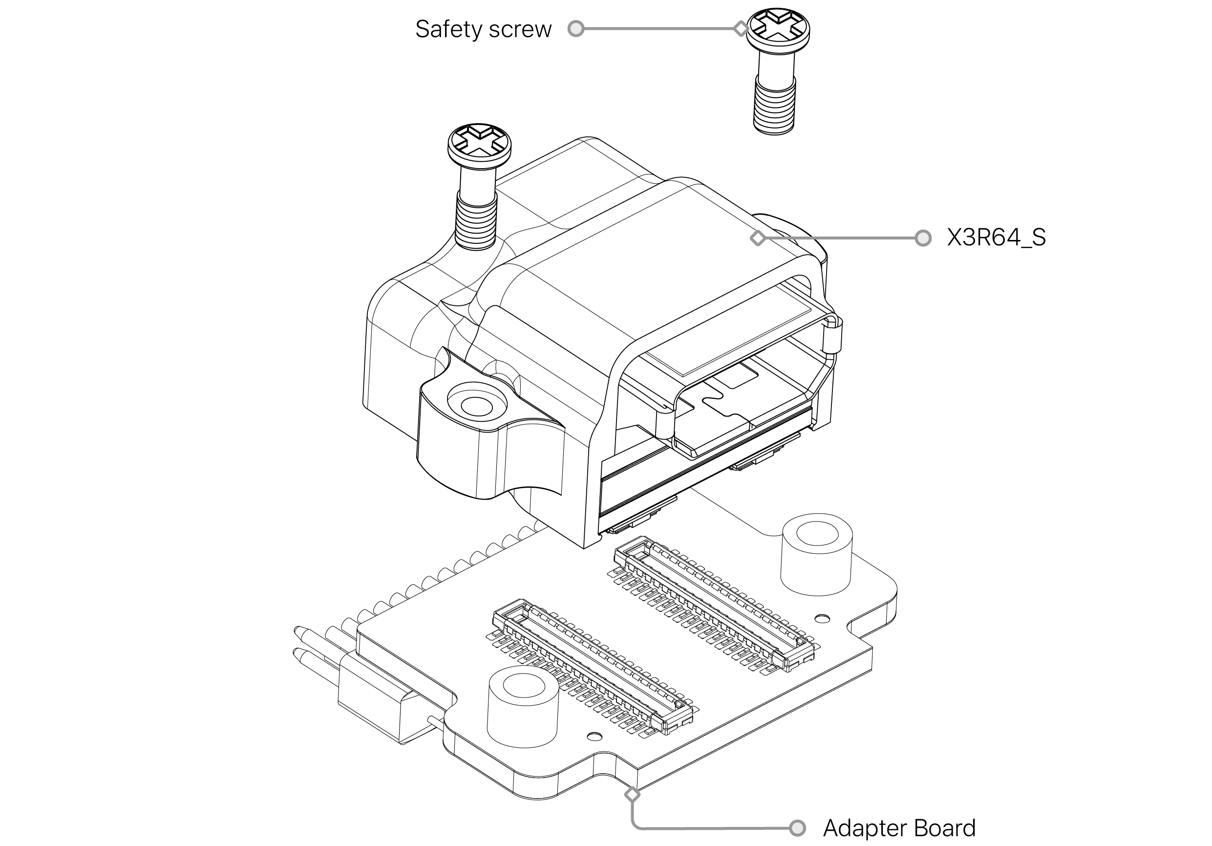 Exploded assembly drawing: the X3R64-HDMI headstage, its safety screw and the adapter board it mounts to