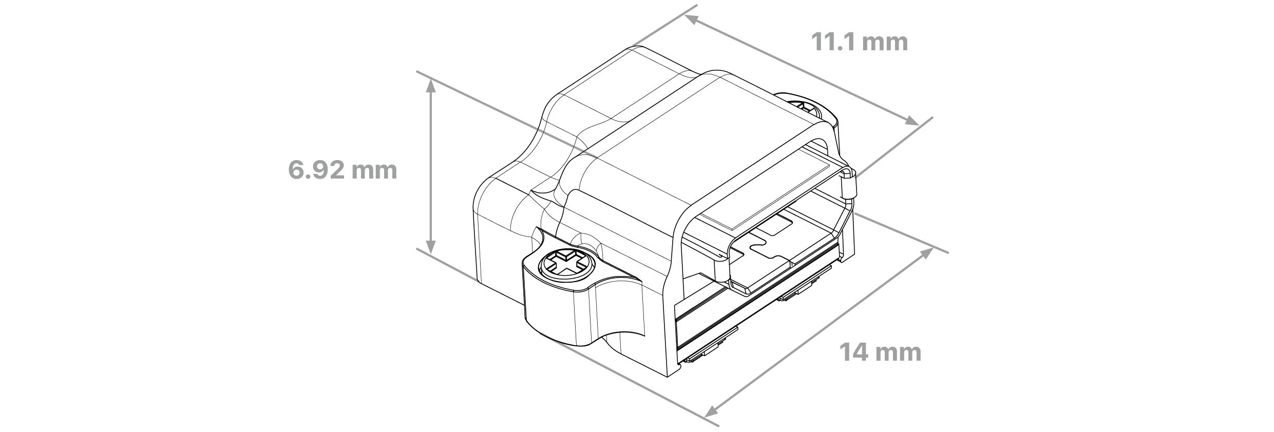 Dimensioned drawing of the X3R64-HDMI headstage, with overall height, width and depth in millimetres