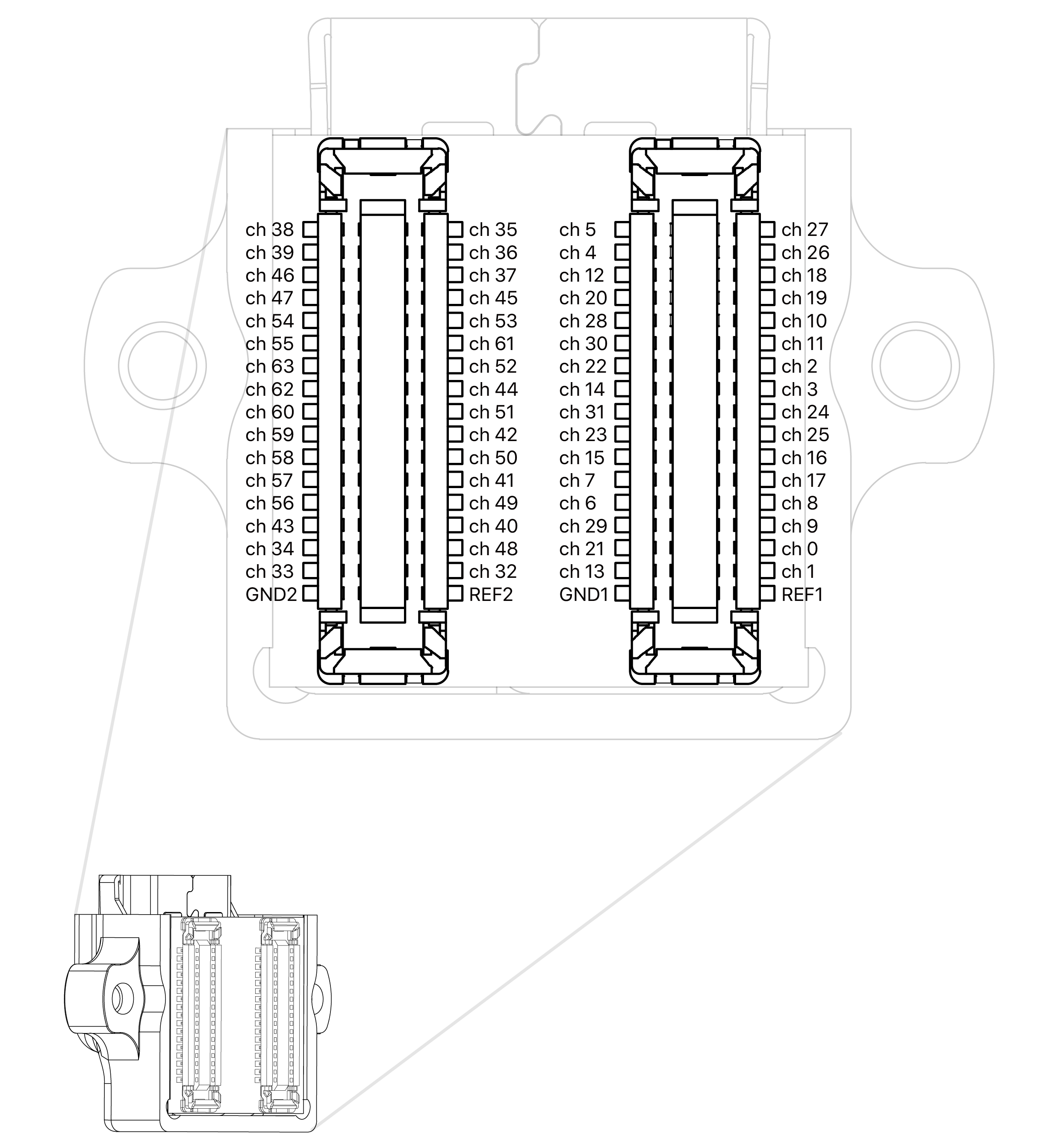 Probe-side pin map of the X3R64-HDMI: the connector rows with each recording channel, ground and reference position labelled