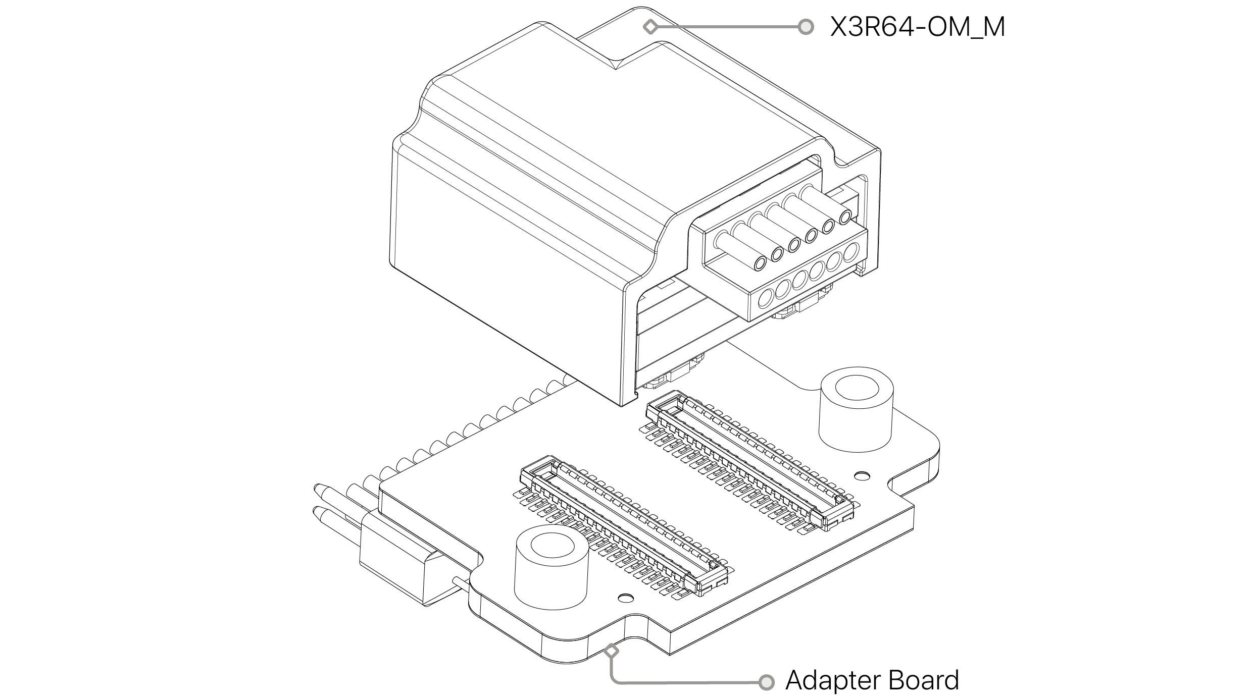 Exploded assembly drawing: the X3R64-OM headstage, its safety screw and the adapter board it mounts to