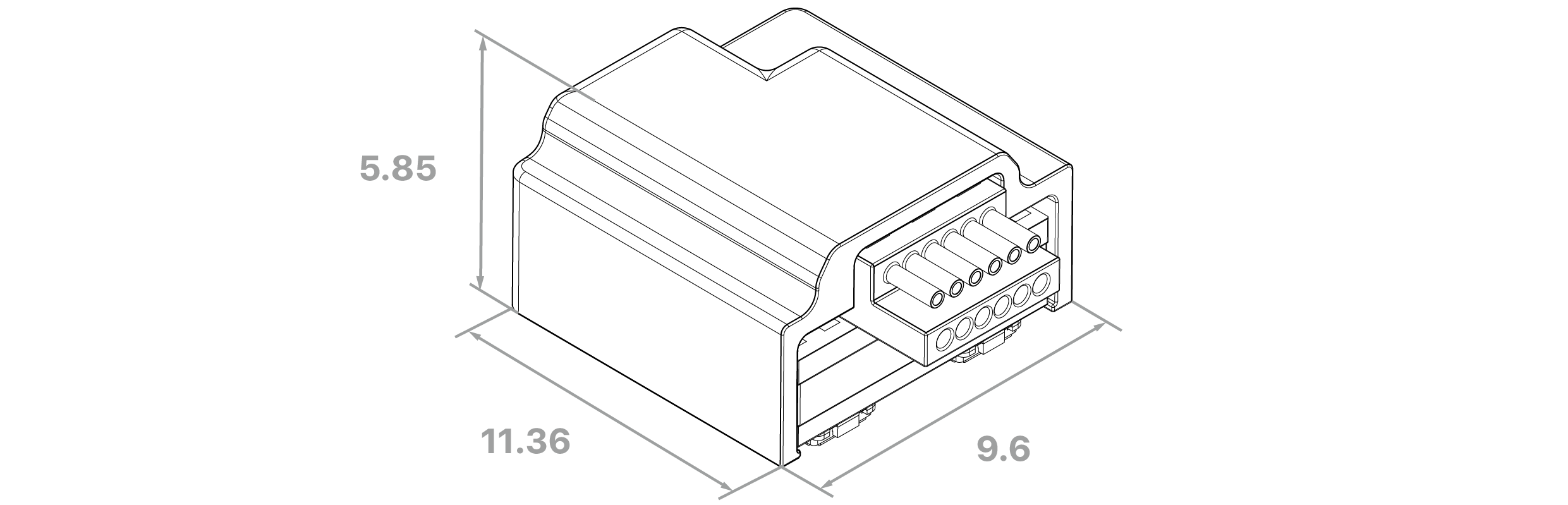 Dimensioned drawing of the X3R64-OM headstage, with overall height, width and depth in millimetres