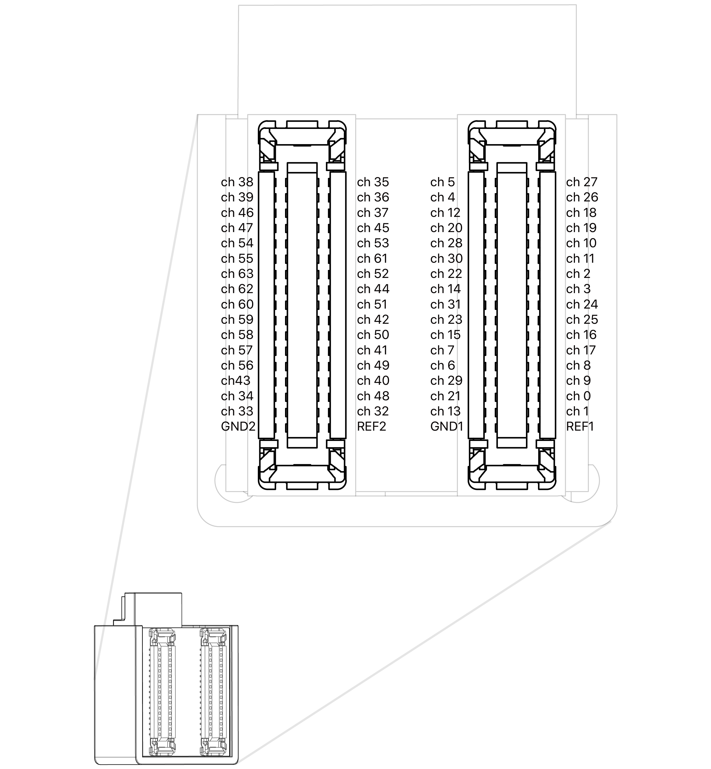 Probe-side pin map of the X3R64-OM: the connector rows with each recording channel, ground and reference position labelled