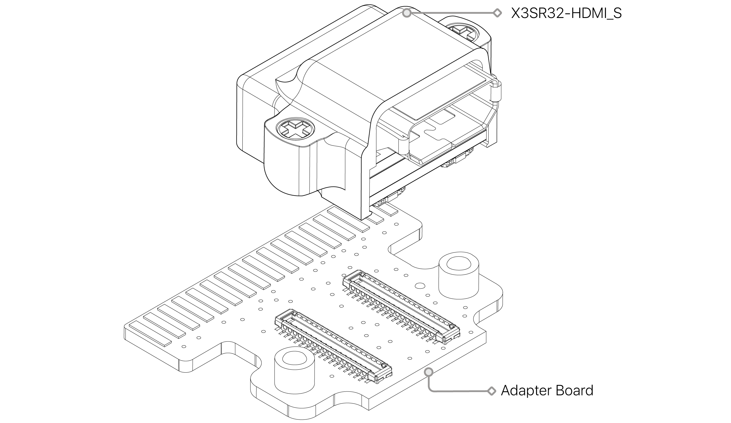 Exploded assembly drawing: the X3SR32-HDMI headstage, its safety screw and the adapter board it mounts to
