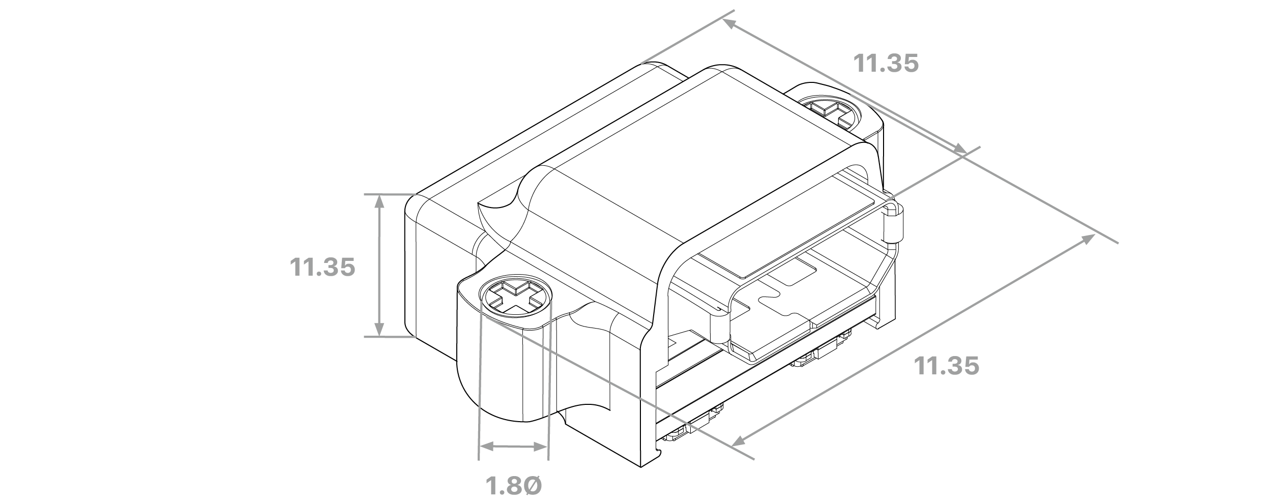 Dimensioned drawing of the X3SR32-HDMI headstage, with overall height, width and depth in millimetres