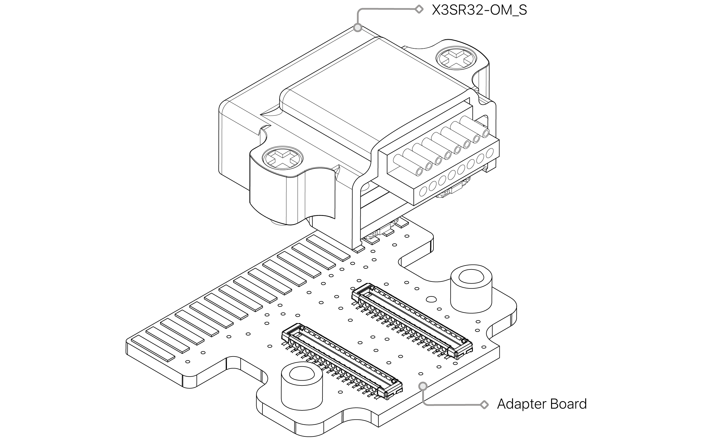 Exploded assembly drawing: the X3SR32-OM headstage, its safety screw and the adapter board it mounts to