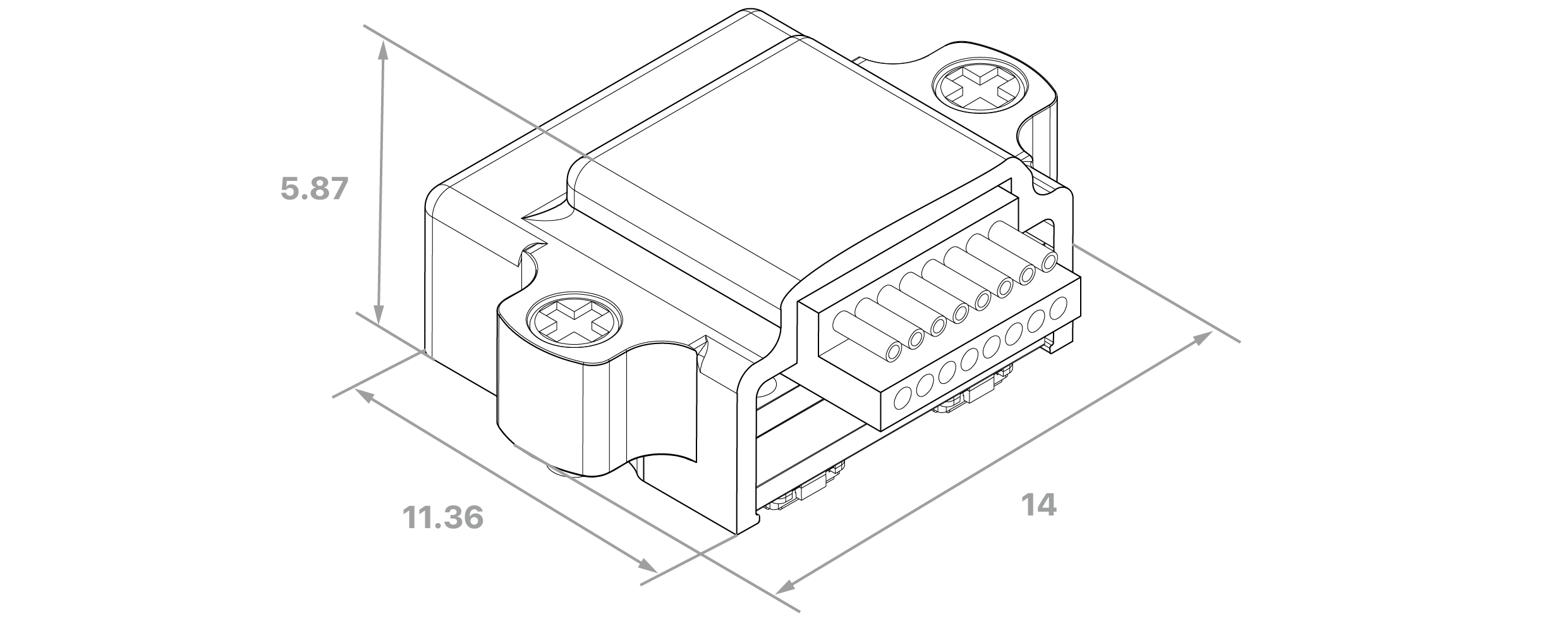 Dimensioned drawing of the X3SR32-OM headstage, with overall height, width and depth in millimetres