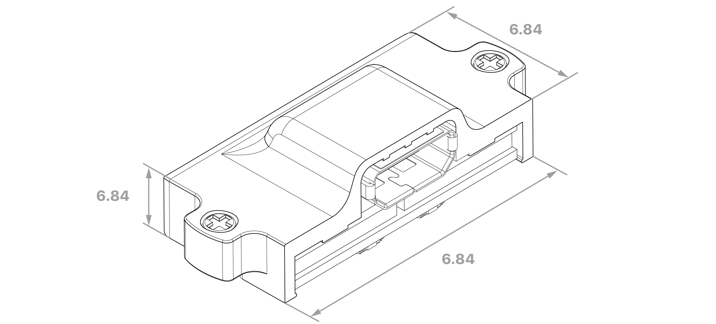 Dimensioned drawing of the X3SR64-HDMI headstage, with overall height, width and depth in millimetres