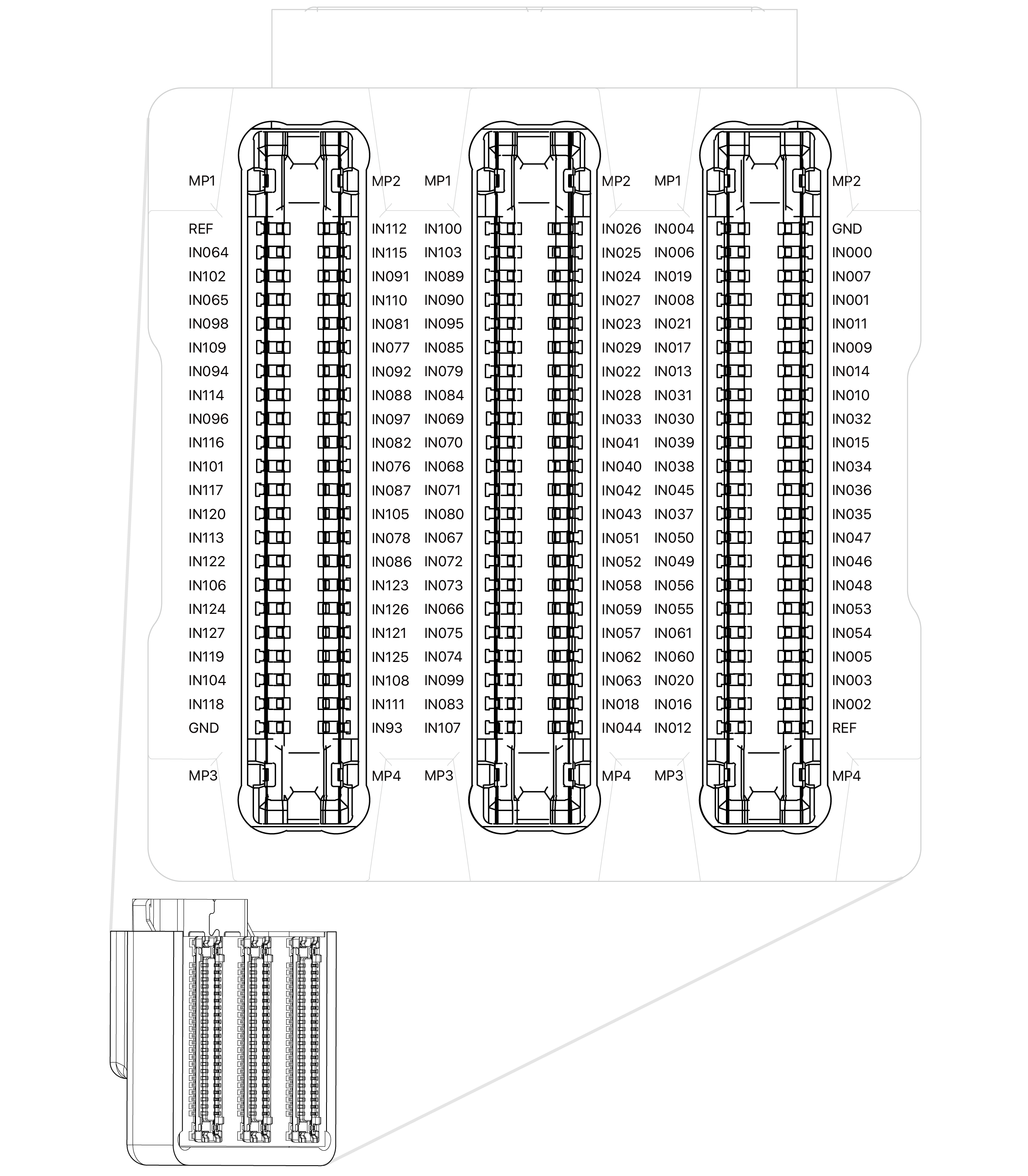 Probe-side pin map of the X6R128-HDMI: the connector rows with each recording channel, ground and reference position labelled
