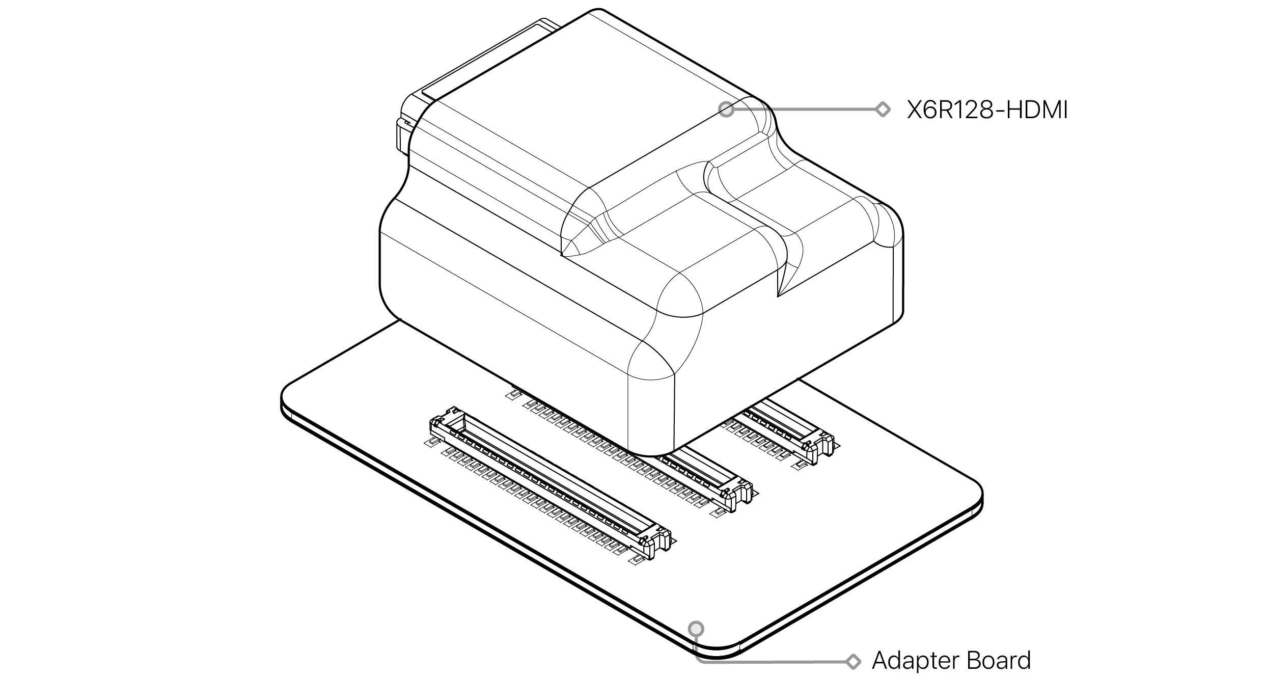 Exploded assembly drawing: the X6R128-HDMI headstage, its safety screw and the adapter board it mounts to