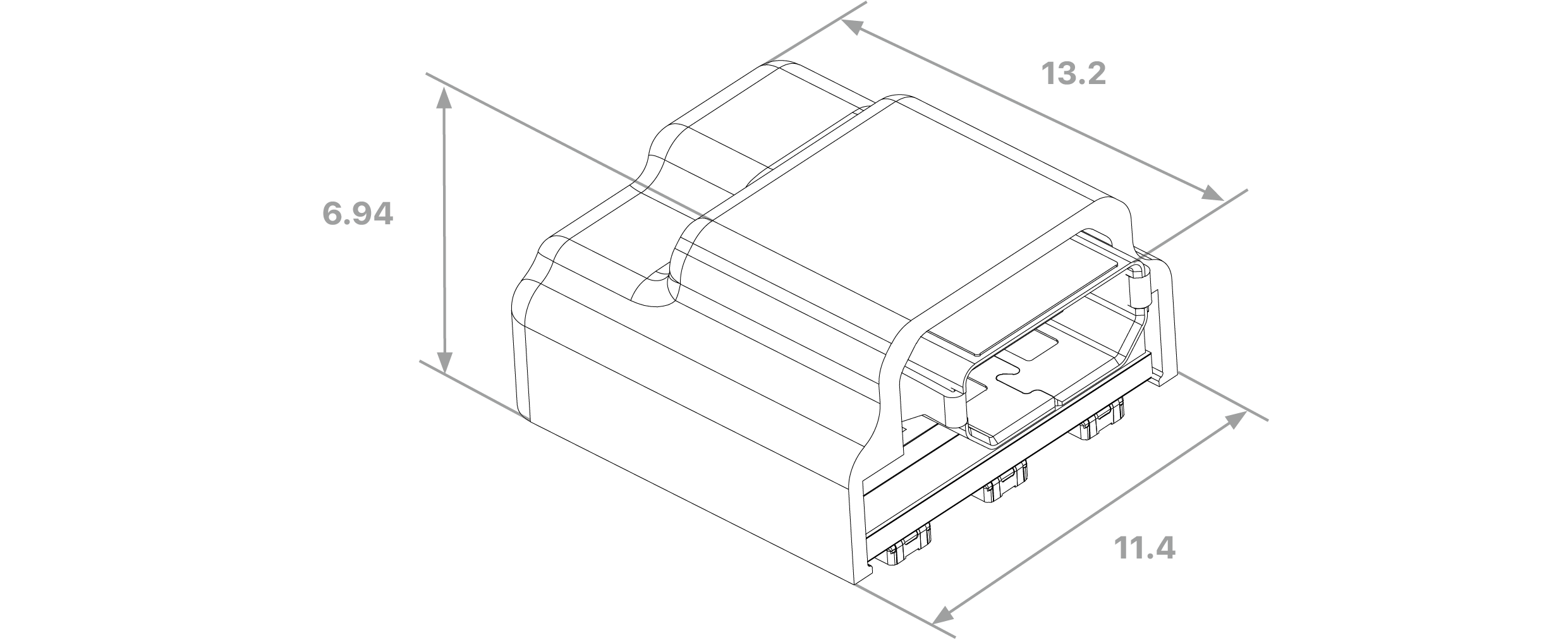 Dimensioned drawing of the X6R128-HDMI headstage, with overall height, width and depth in millimetres