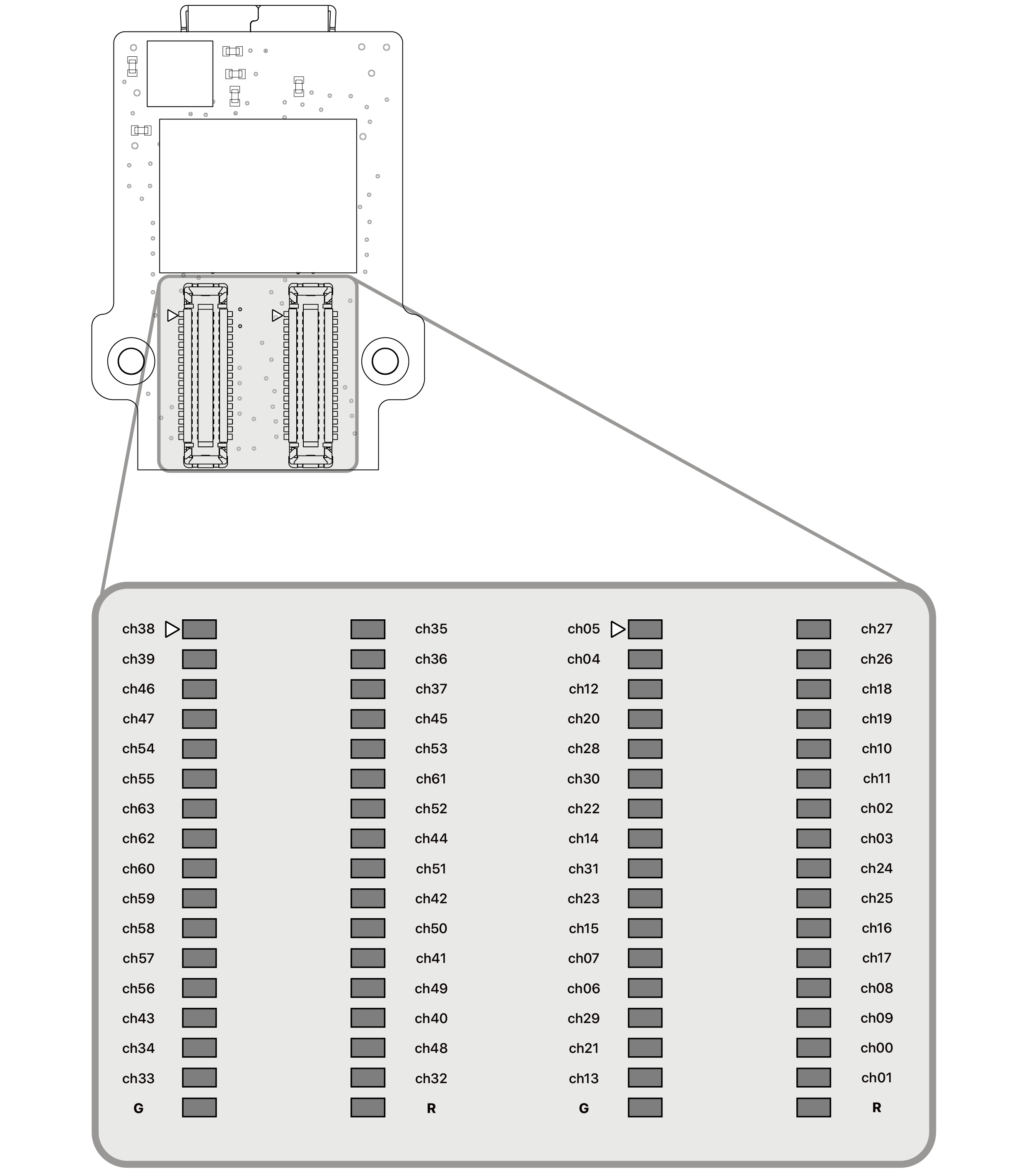 Probe-side pin map of the XeR64-HDMI: the connector rows with each recording channel, ground and reference position labelled