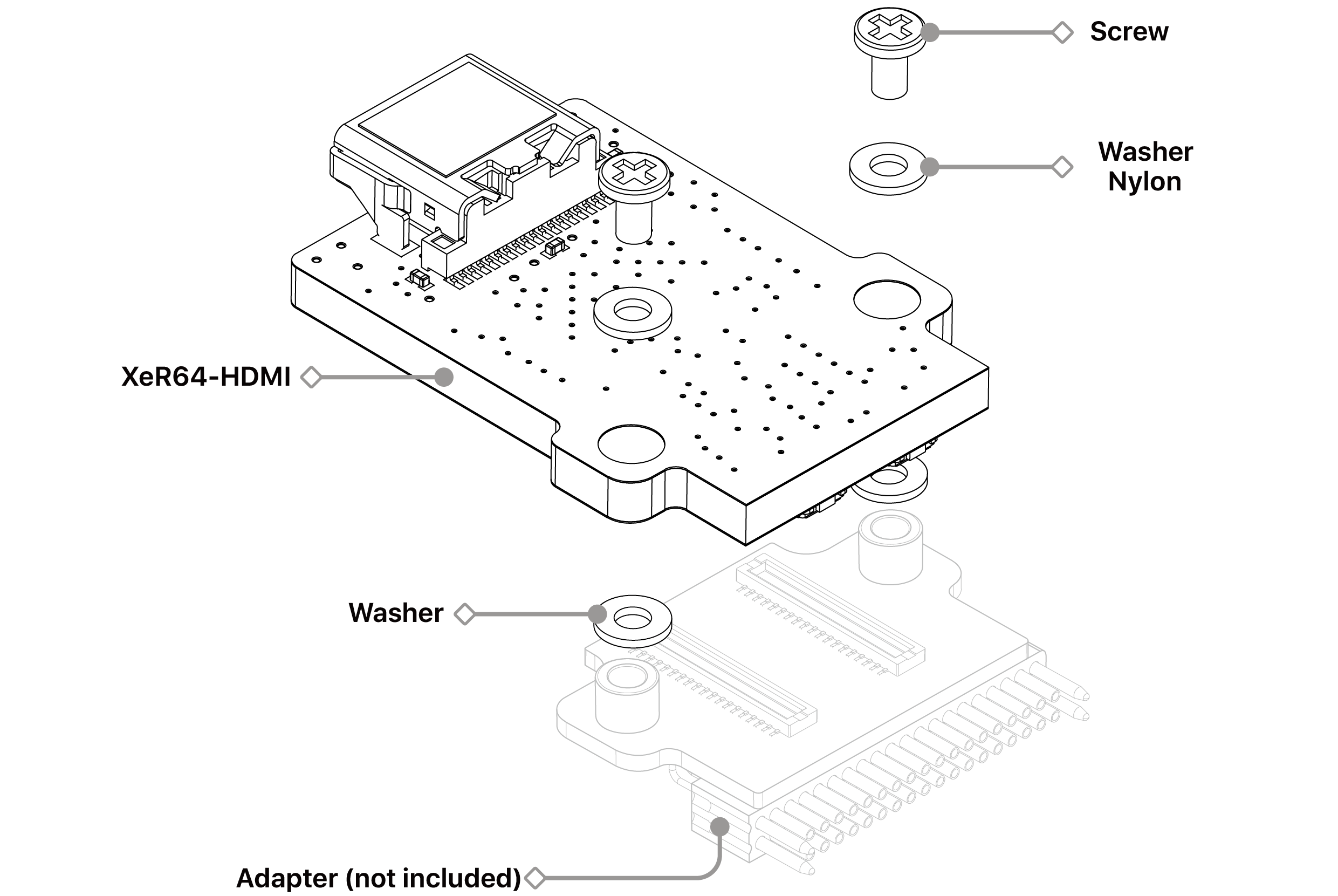 Exploded assembly drawing: the XeR64-HDMI board with its screw, nylon washer and washer above the probe adapter, which is not supplied
