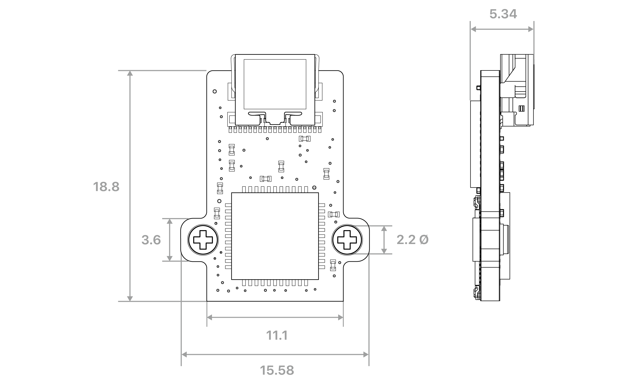 Dimensioned drawing of the XeSR16-HDMI headstage, with overall height, width and depth in millimetres