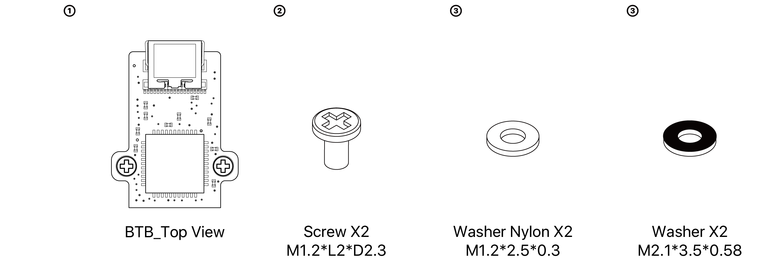 The XeSR16-HDMI components supplied: back-to-back adapter board, two screws, two nylon washers and two washers, with thread and size callouts