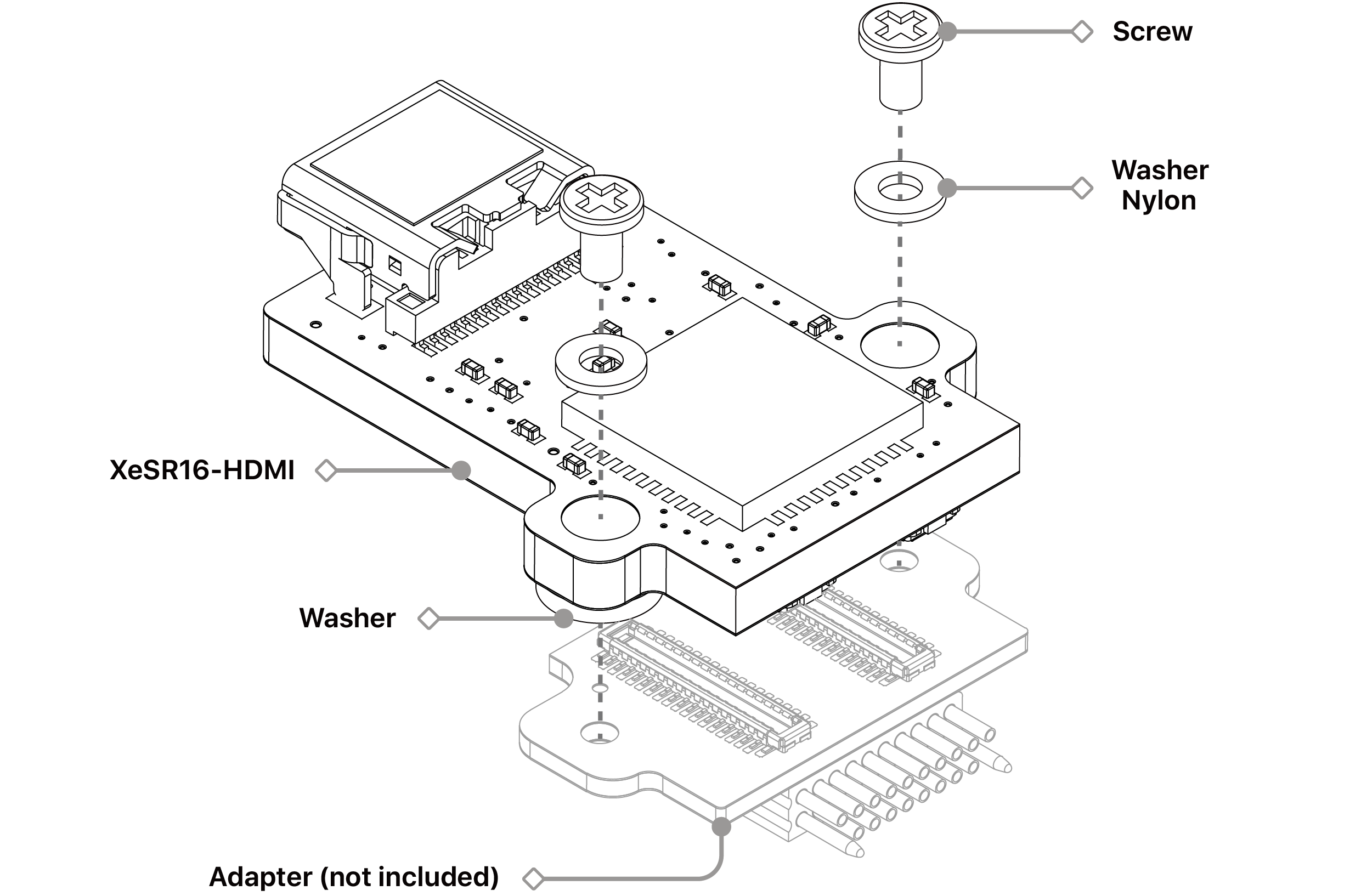 Exploded assembly drawing: the XeSR16-HDMI board with its screw, nylon washer and washer above the probe adapter, which is not supplied