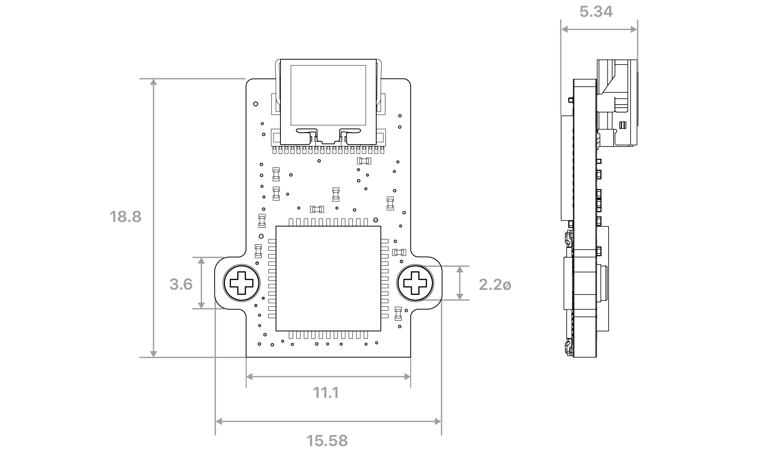 Dimensioned drawing of the XeSR32-HDMI headstage, with overall height, width and depth in millimetres