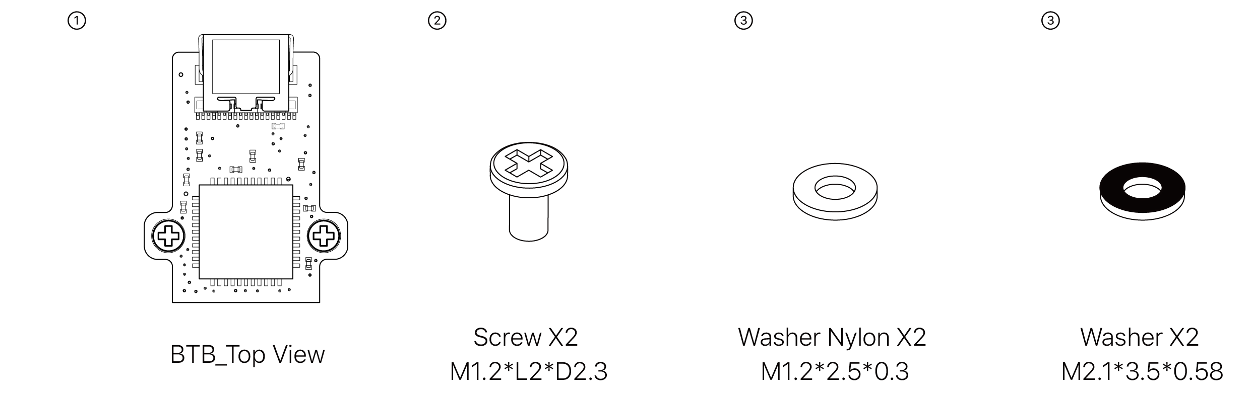 The XeSR32-HDMI components supplied: back-to-back adapter board, two screws, two nylon washers and two washers, with thread and size callouts