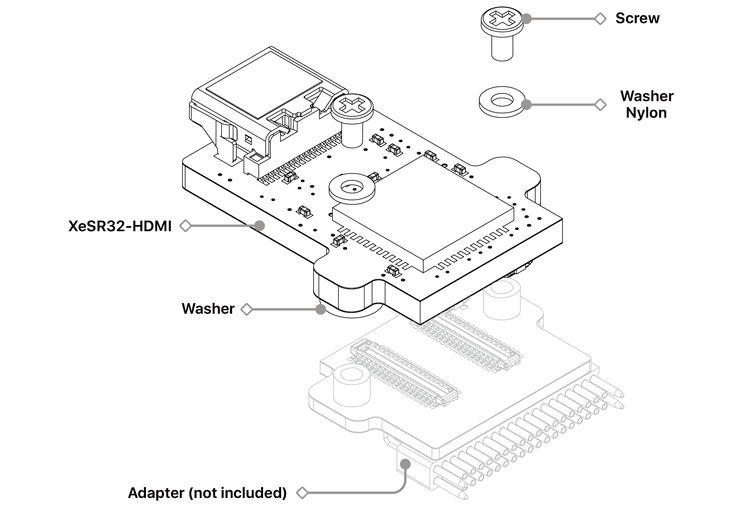 Exploded assembly drawing: the XeSR32-HDMI board with its screw, nylon washer and washer above the probe adapter, which is not supplied