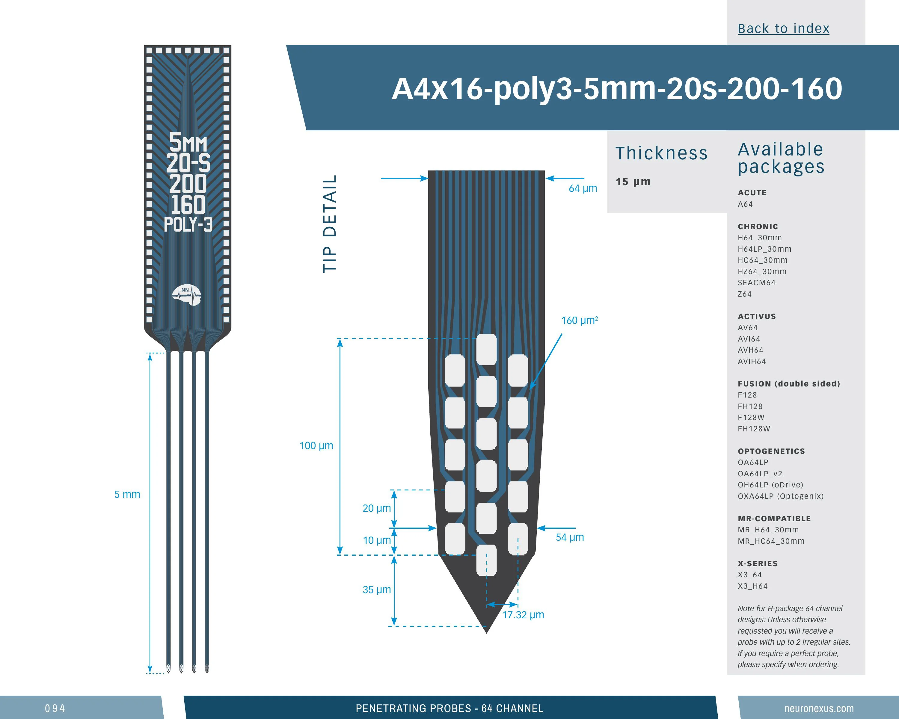 NeuroNexus A4x16 Poly3 5mm 20s 200 160 probe